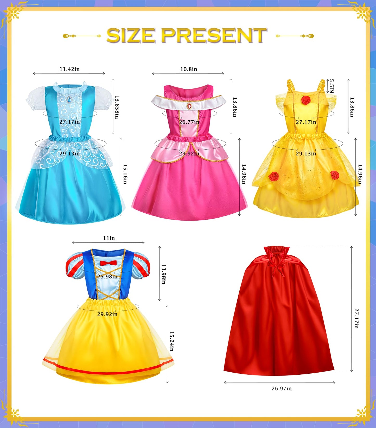 BIBUTY Princess Dress Up Set for Girls – 4 Outfits, Crowns & Cape