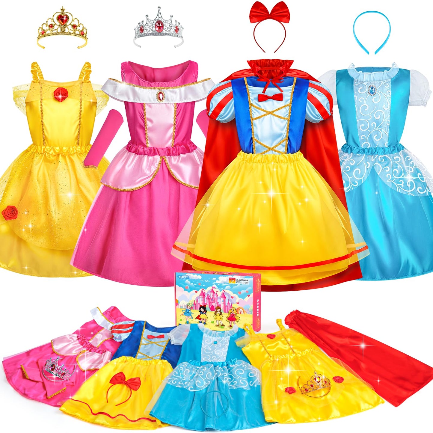 BIBUTY Princess Dress Up Set for Girls – 4 Outfits, Crowns & Cape