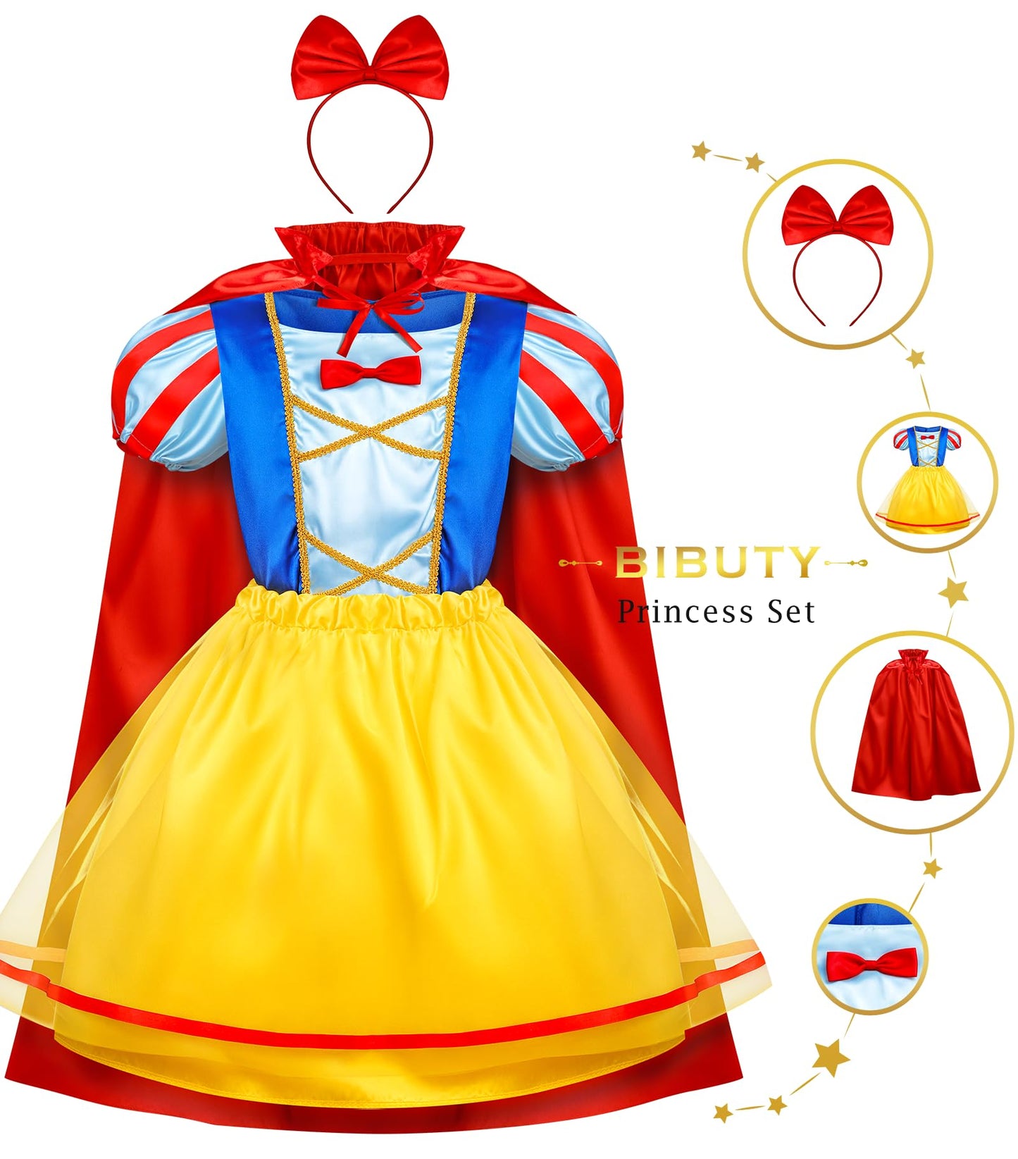 BIBUTY Princess Dress Up Set for Girls – 4 Outfits, Crowns & Cape
