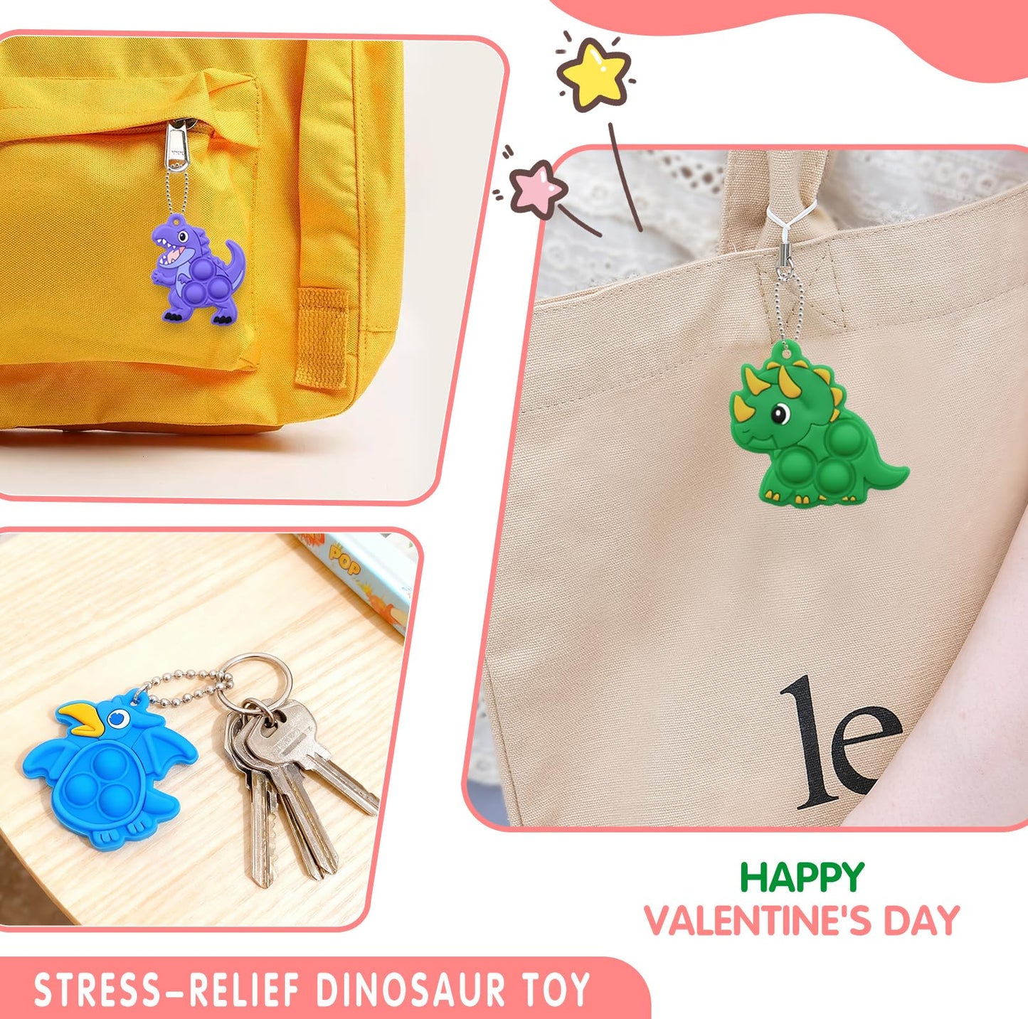 BicMan 30Pcs Valentines Dinosaur Pop Keychains with Cards - Classroom Gift Set