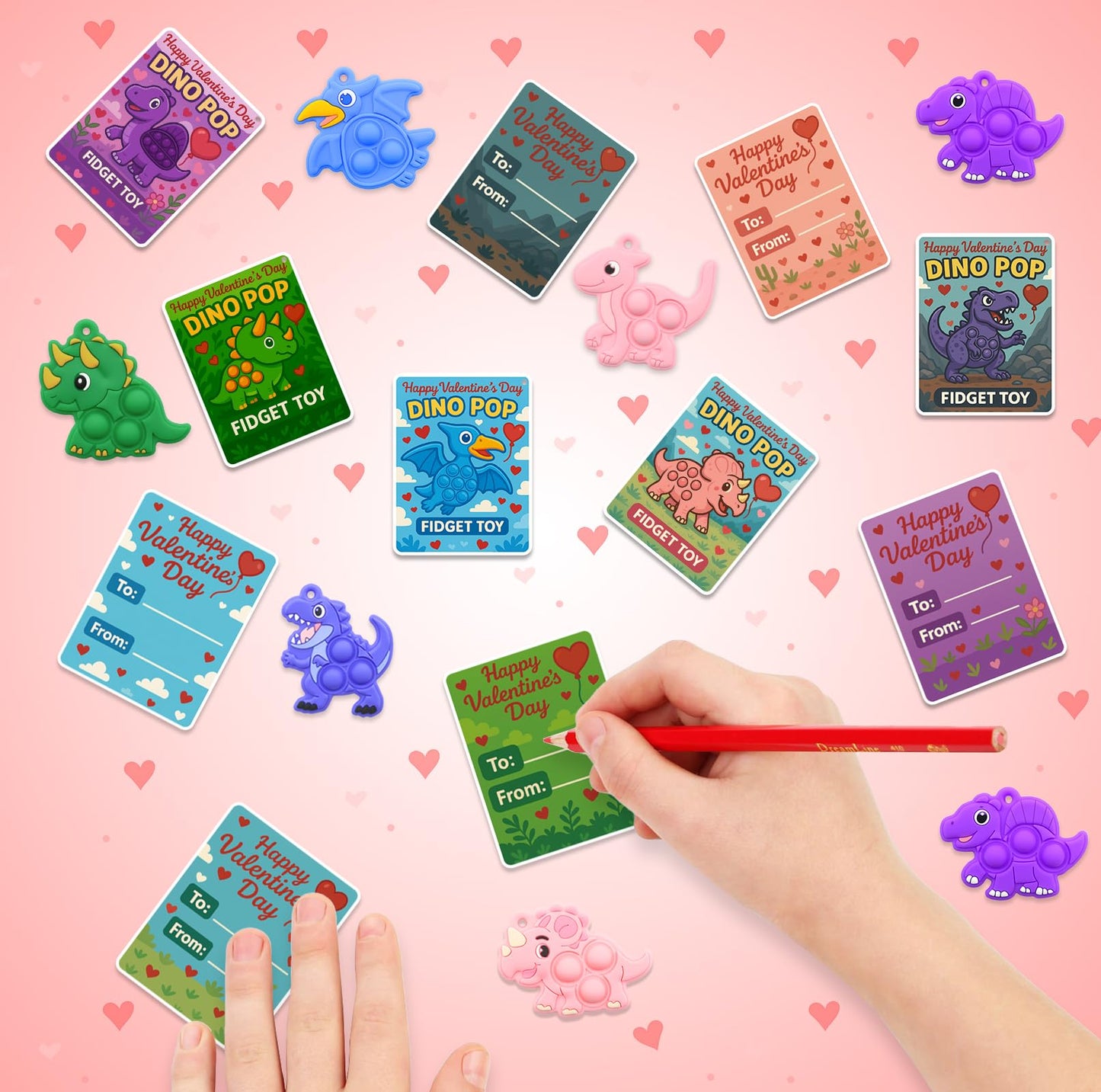 BicMan 30Pcs Valentines Dinosaur Pop Keychains with Cards - Classroom Gift Set