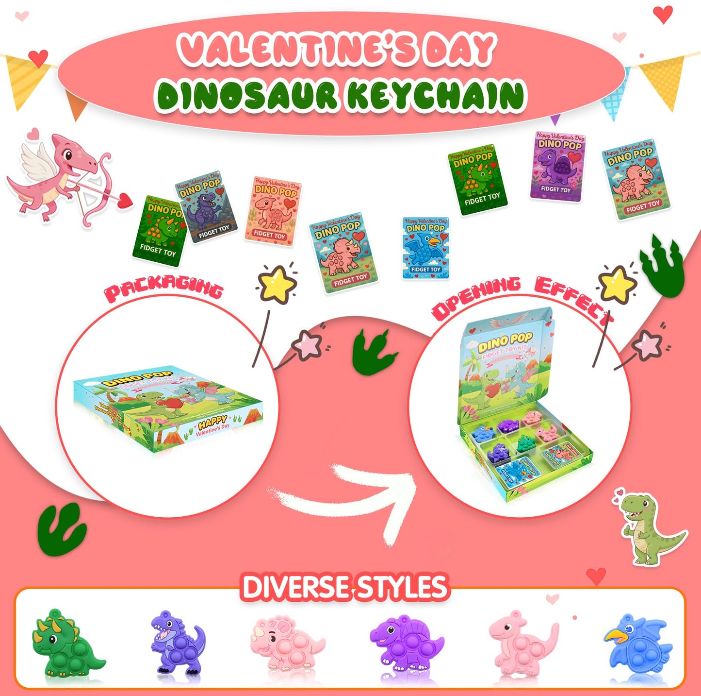 BicMan 30Pcs Valentines Dinosaur Pop Keychains with Cards - Classroom Gift Set