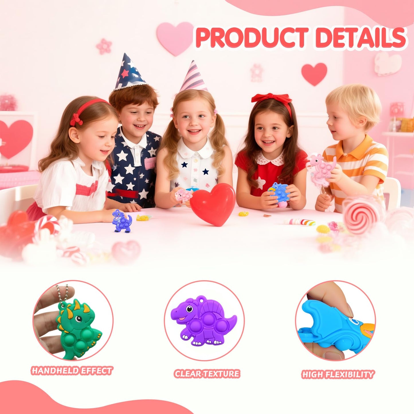 BicMan 30Pcs Valentines Dinosaur Pop Keychains with Cards - Classroom Gift Set