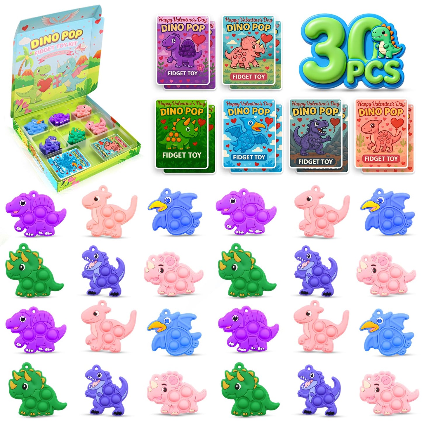 BicMan 30Pcs Valentines Dinosaur Pop Keychains with Cards - Classroom Gift Set