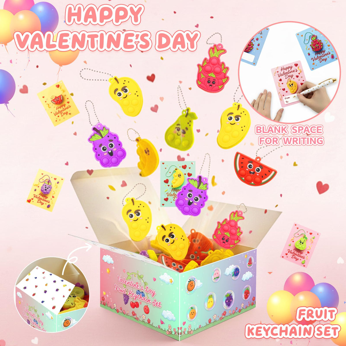 BicMan 30pc Fruit Pop Keychains + Cards – Classroom Valentines & Bulk Gifts