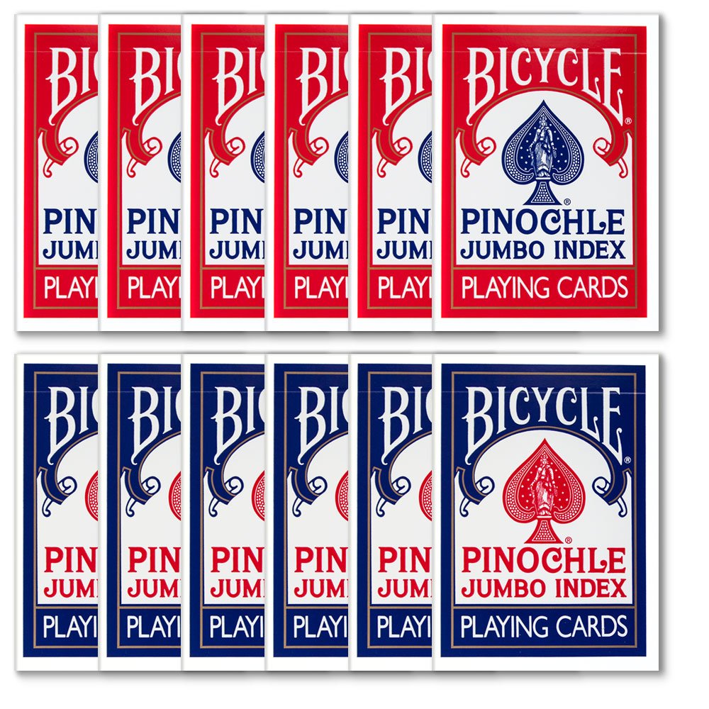 Bicycle Deluxe Pinochle Jumbo Index – 1 Dozen Decks (6 Red, 6 Blue)