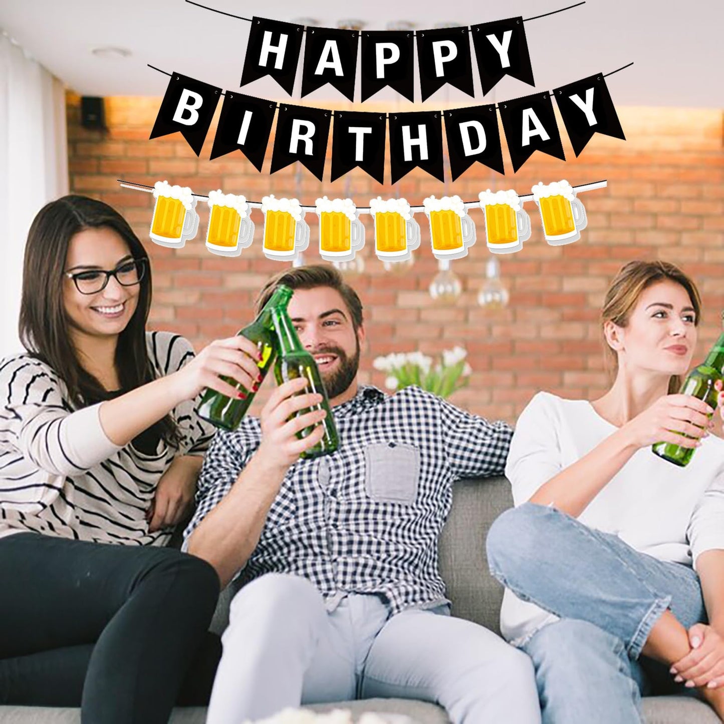 BIEUFBJI Beer Birthday Banner with Mug Pennant – Black & White Happy Birthday Decorations