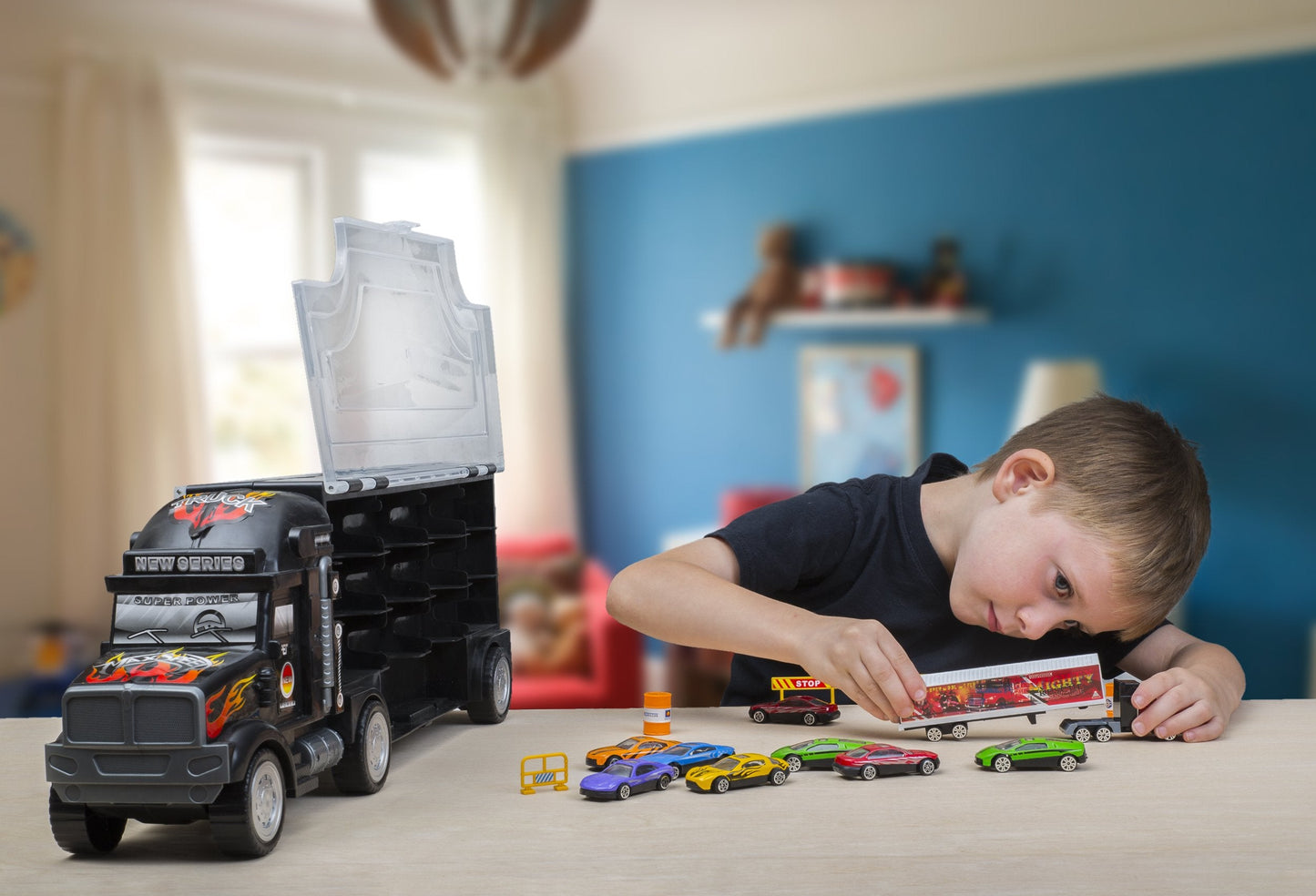 Big Daddy Super Mega Extra Large Tractor Trailer Car Collection Case – 26-Slot Organizer with 8 Cars & Accessories