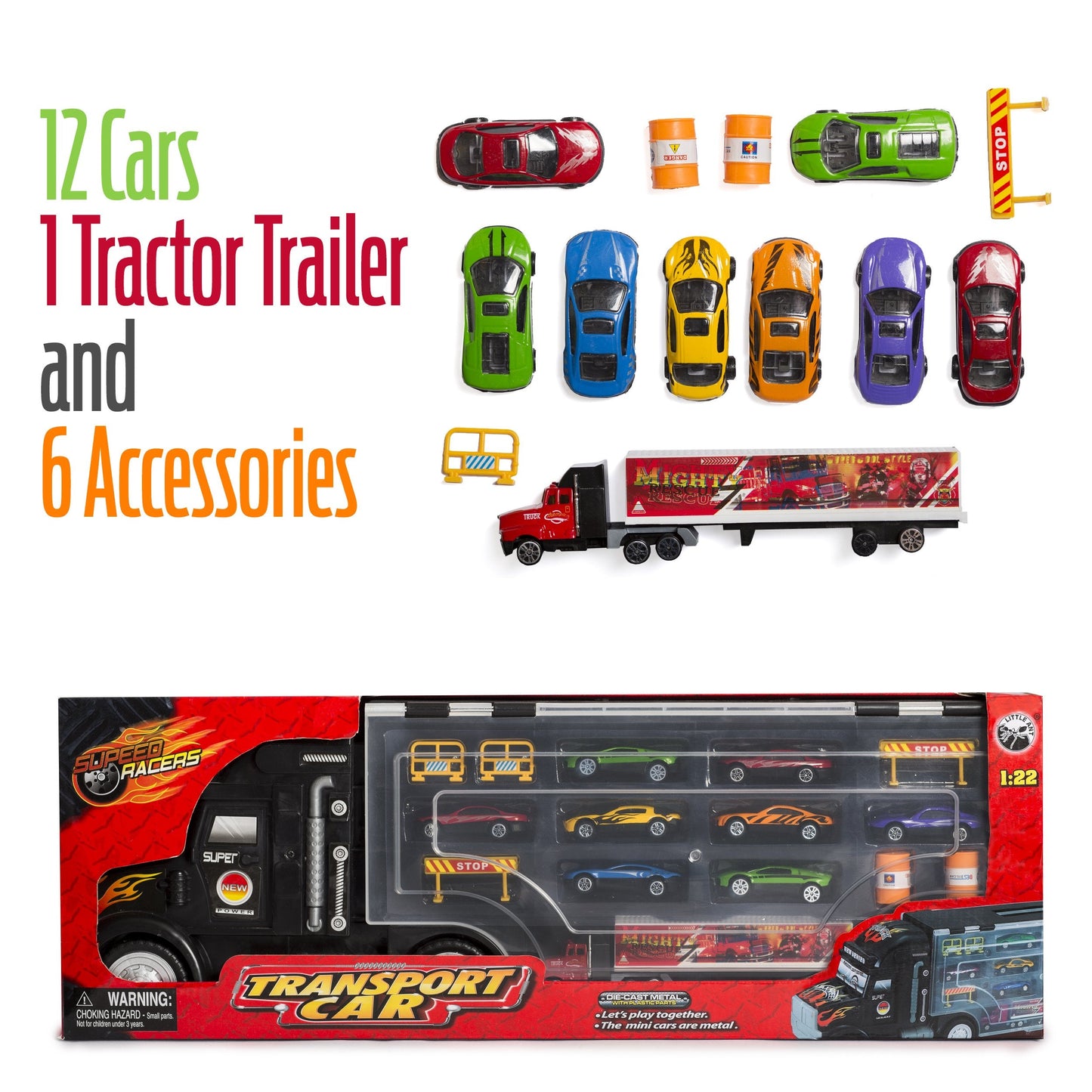 Big Daddy Super Mega Extra Large Tractor Trailer Car Collection Case – 26-Slot Organizer with 8 Cars & Accessories