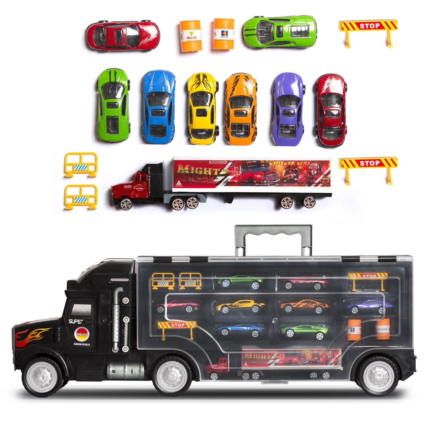 Big Daddy Super Mega Extra Large Tractor Trailer Car Collection Case – 26-Slot Organizer with 8 Cars & Accessories