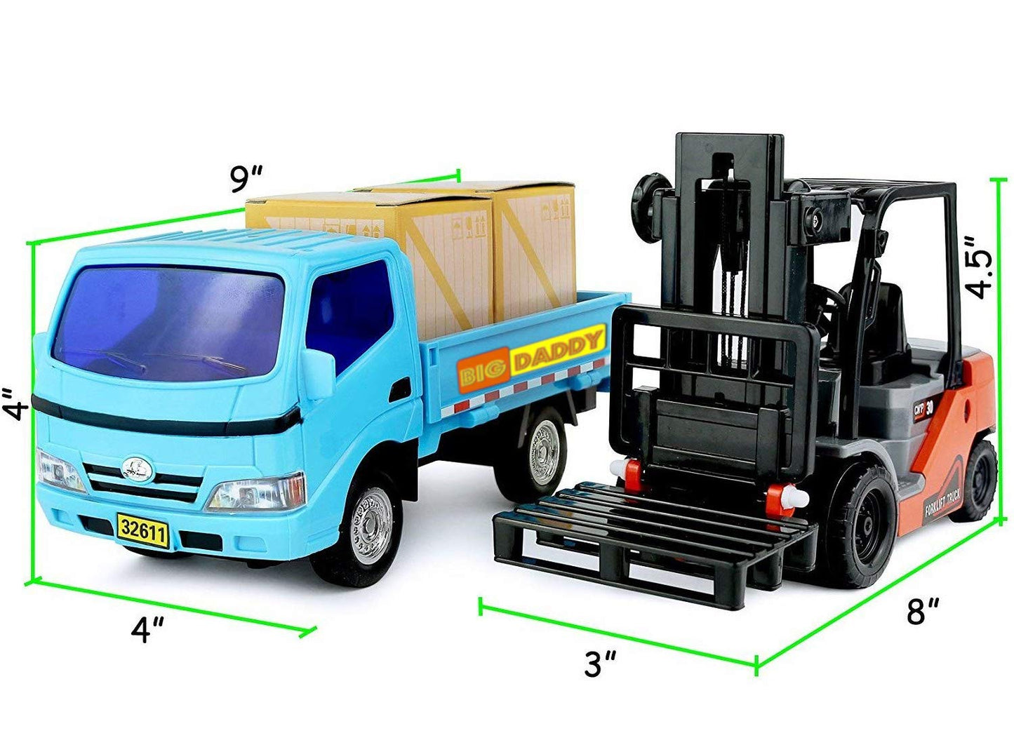 Big Daddy Trucks Combo: Friction-Powered Forklift & Pickup Truck with Extendable Loader and Cargo Boxes
