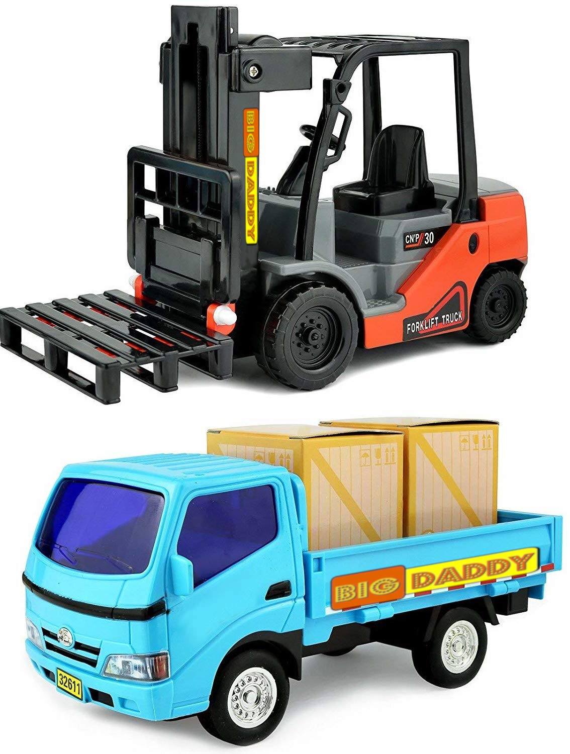 Big Daddy Trucks Combo: Friction-Powered Forklift & Pickup Truck with Extendable Loader and Cargo Boxes