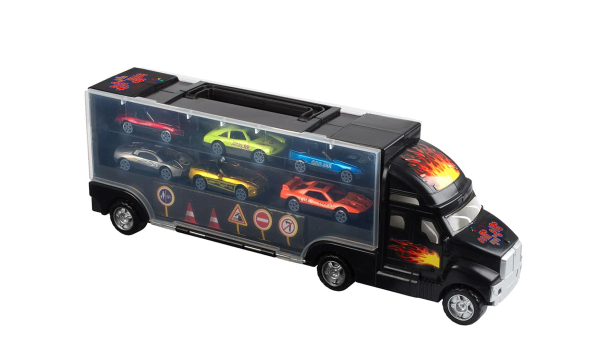 Big Mo's Toys Transport Car Carrier Truck with 6 Metal Racing Cars and Carrying Case