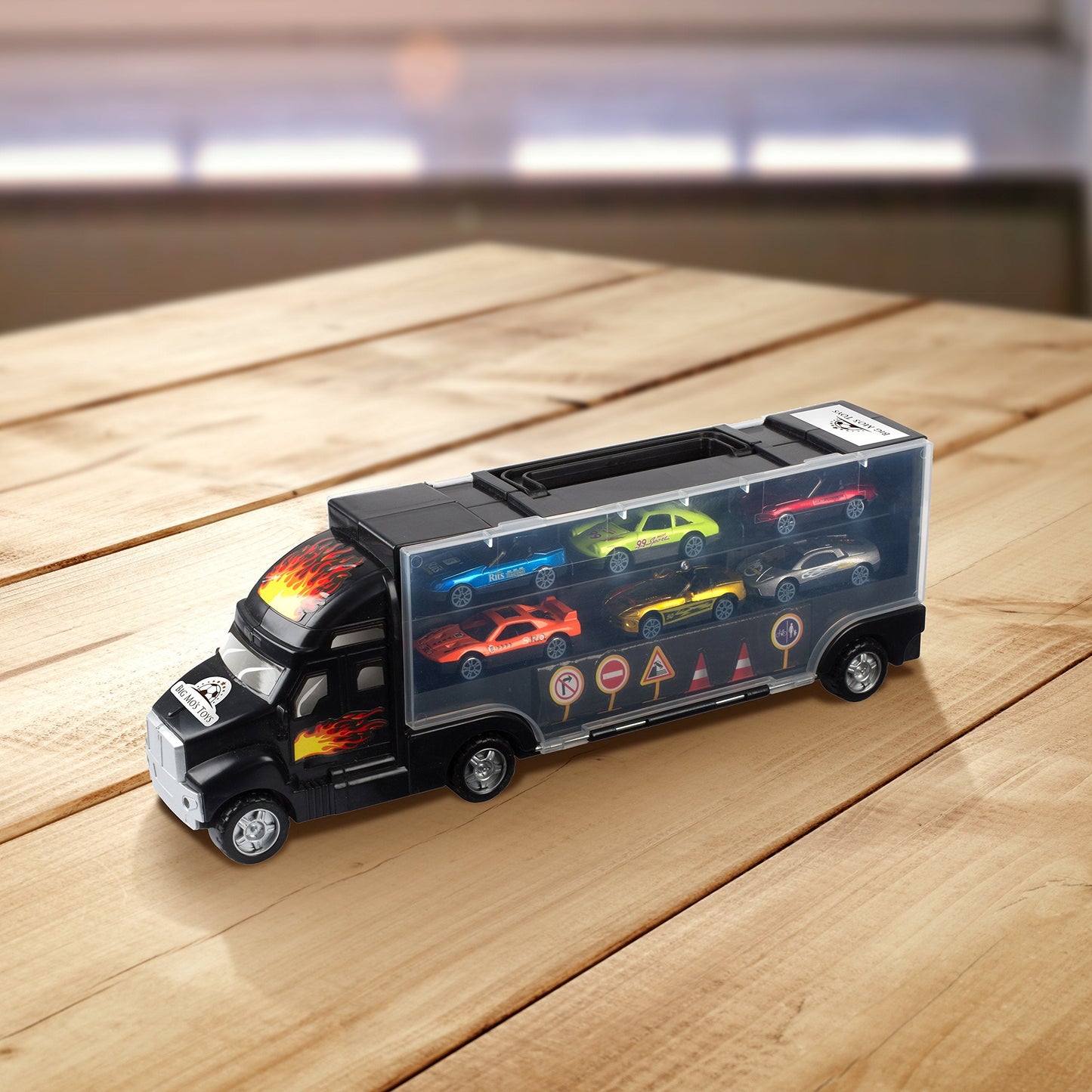 Big Mo's Toys Transport Car Carrier Truck with 6 Metal Racing Cars and Carrying Case