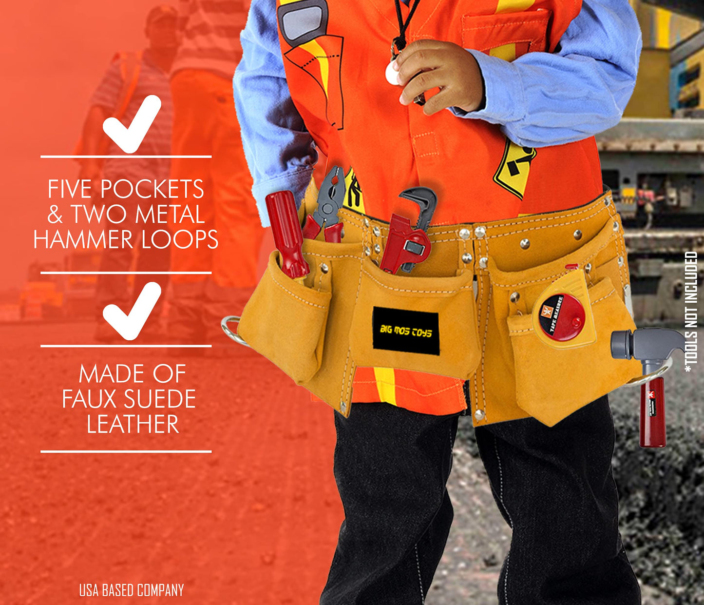 Big Mo's Toys Tool Belt – Brown Faux Suede Pretend Play Belt for Kids | Adjustable 20–45 in