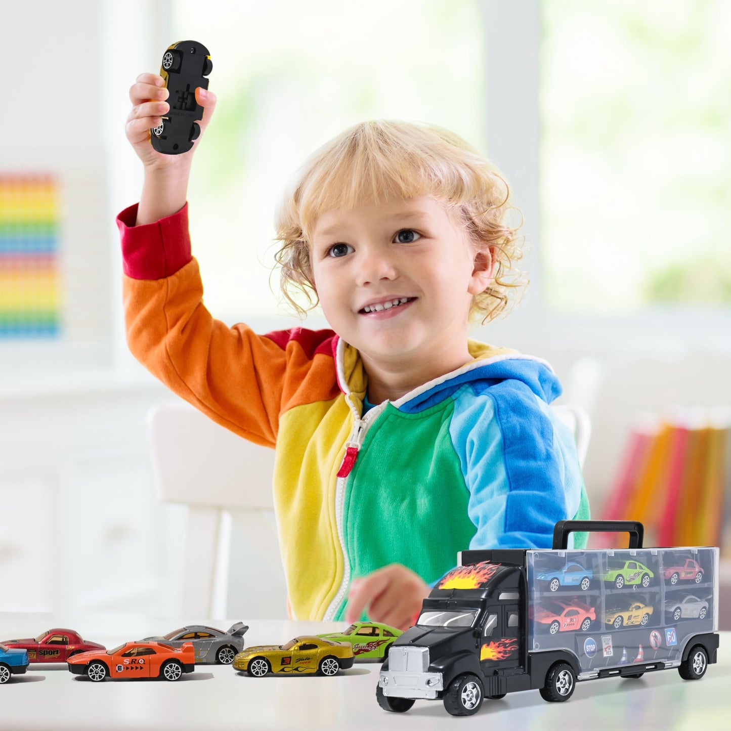 Big Mo's Toys Transport Car Carrier Truck with 6 Metal Racing Cars and Carrying Case