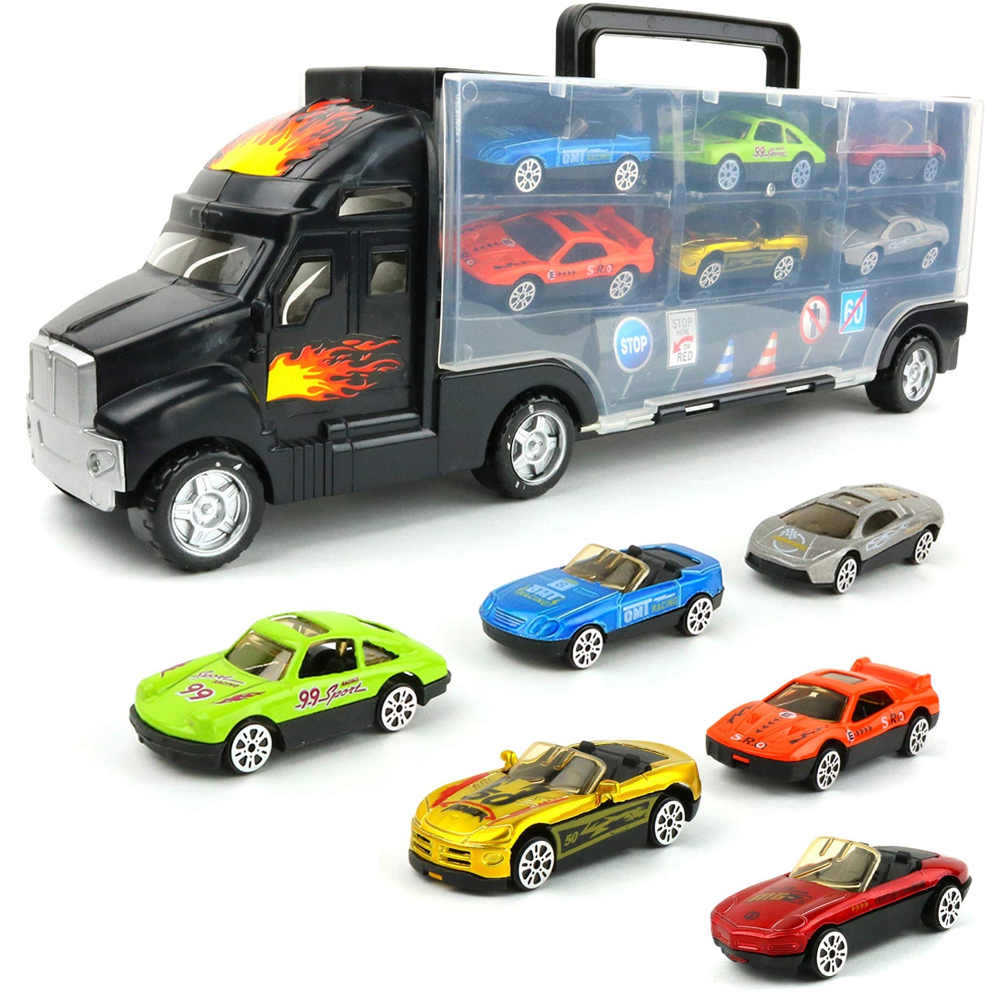 Big Mo's Toys Transport Car Carrier Truck with 6 Metal Racing Cars and Carrying Case