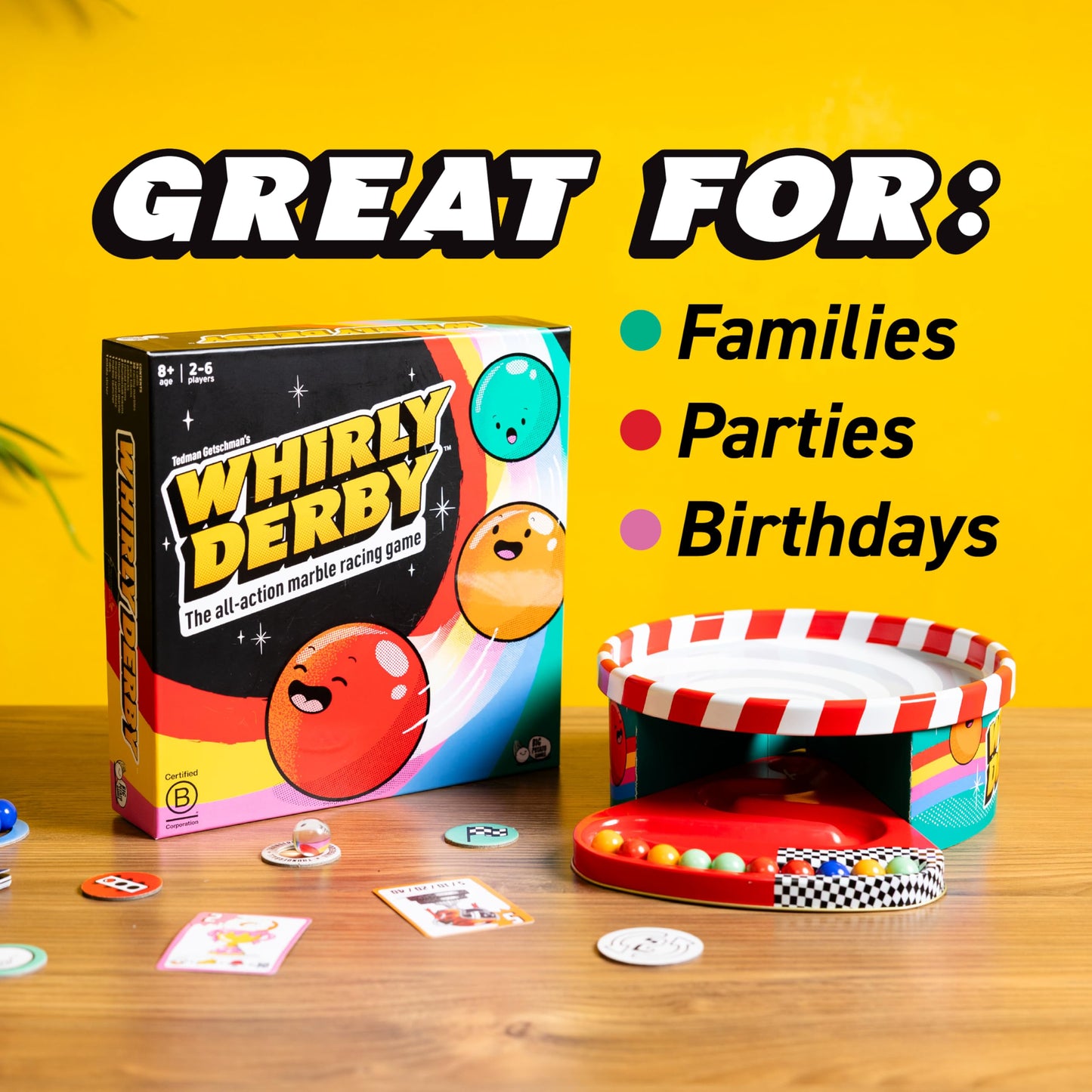 Whirly Derby by Big Potato – All-Action Marble Racing Game for 2-6 Players, Ages 8+