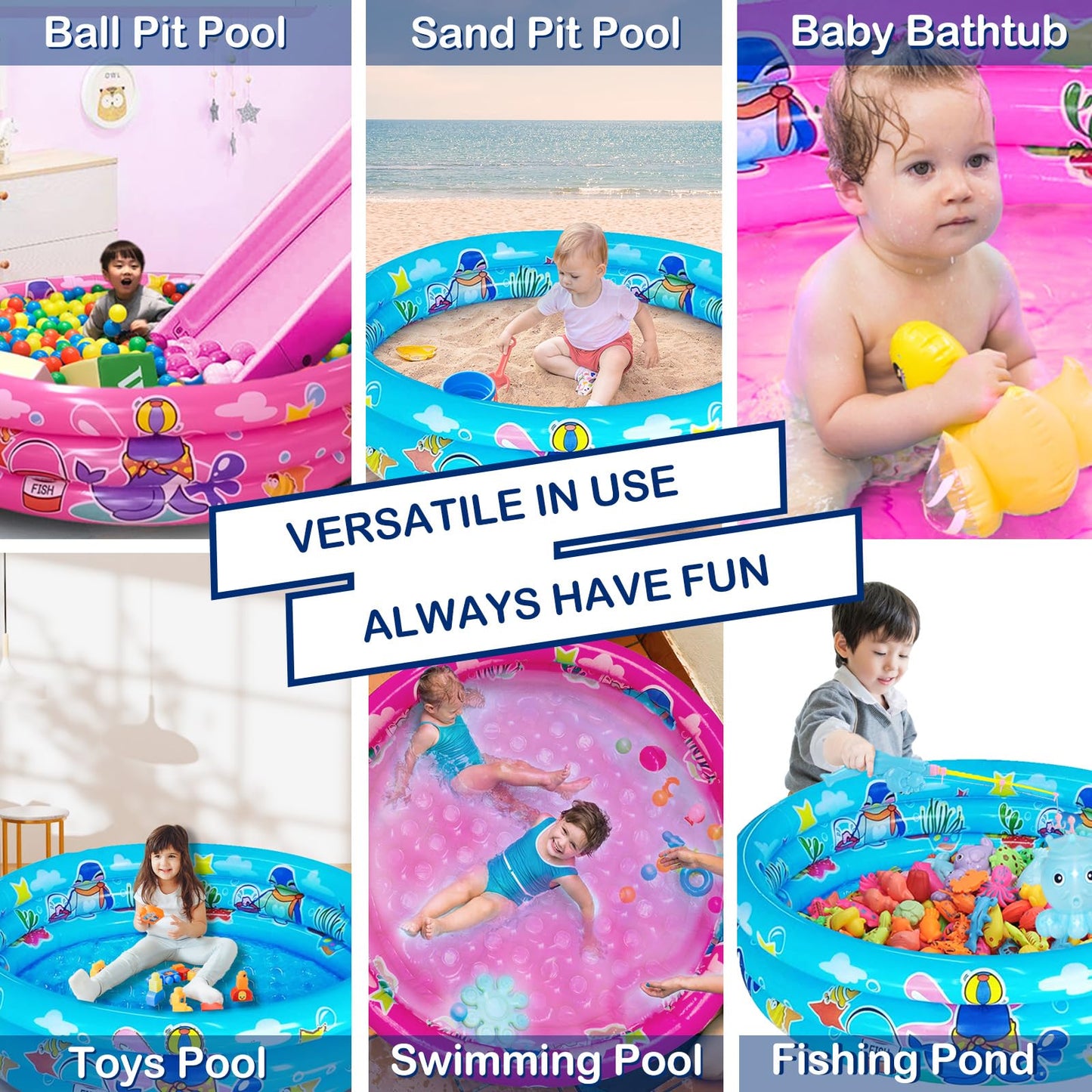 Big Summer 3 Rings Kiddie Pool – 48” x 12” Pink Inflatable Pool with Dual Bubble Bottom