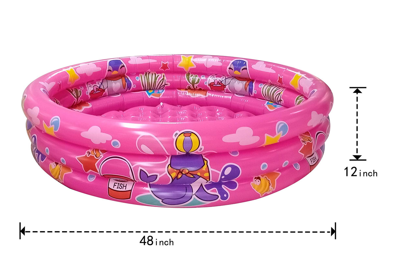 Big Summer 3 Rings Kiddie Pool – 48” x 12” Pink Inflatable Pool with Dual Bubble Bottom