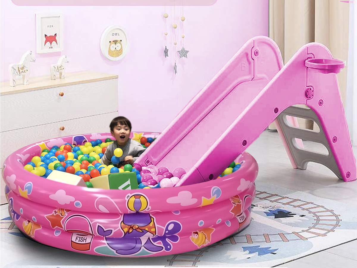 Big Summer 3 Rings Kiddie Pool – 48” x 12” Pink Inflatable Pool with Dual Bubble Bottom