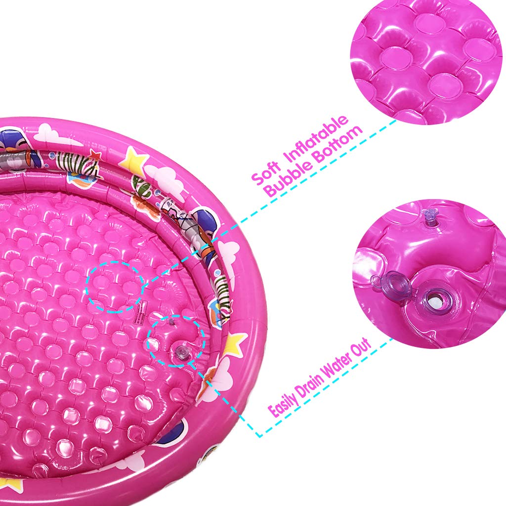 Big Summer 3 Rings Kiddie Pool – 48” x 12” Pink Inflatable Pool with Dual Bubble Bottom