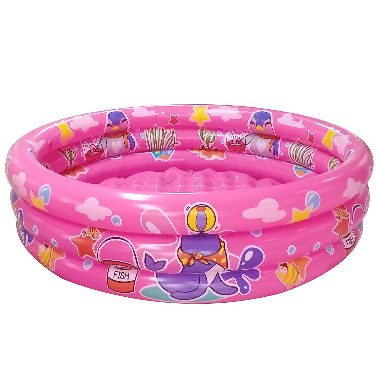 Big Summer 3 Rings Kiddie Pool – 48” x 12” Pink Inflatable Pool with Dual Bubble Bottom