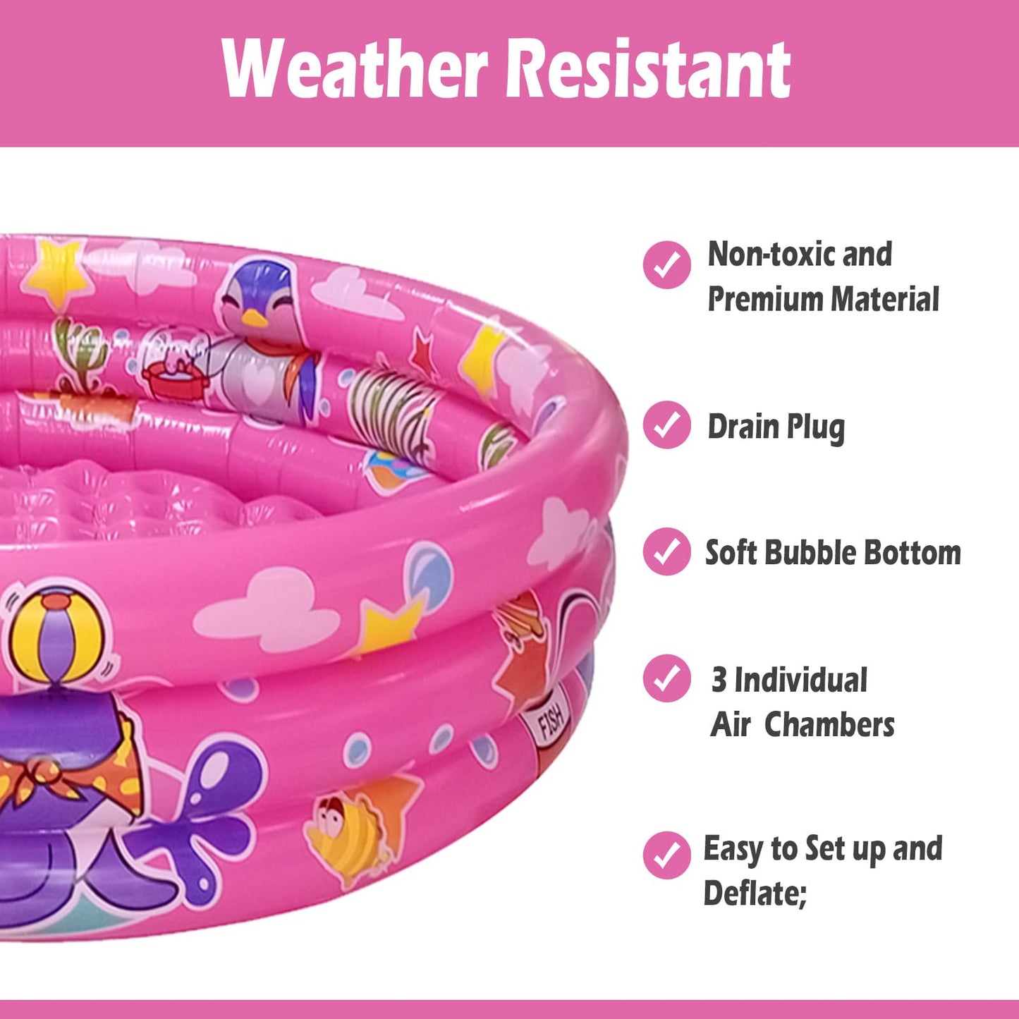 Big Summer 3 Rings Kiddie Pool – 48” x 12” Pink Inflatable Pool with Dual Bubble Bottom