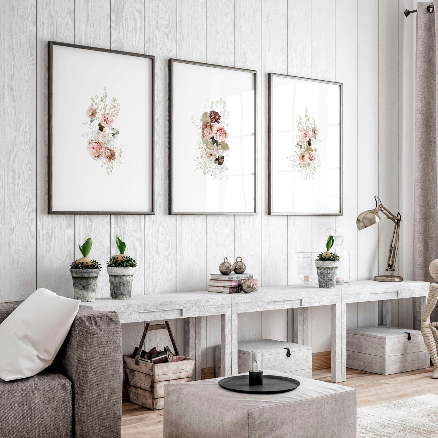 Big wall art for living room | set of 3 Shabby Chic prints
