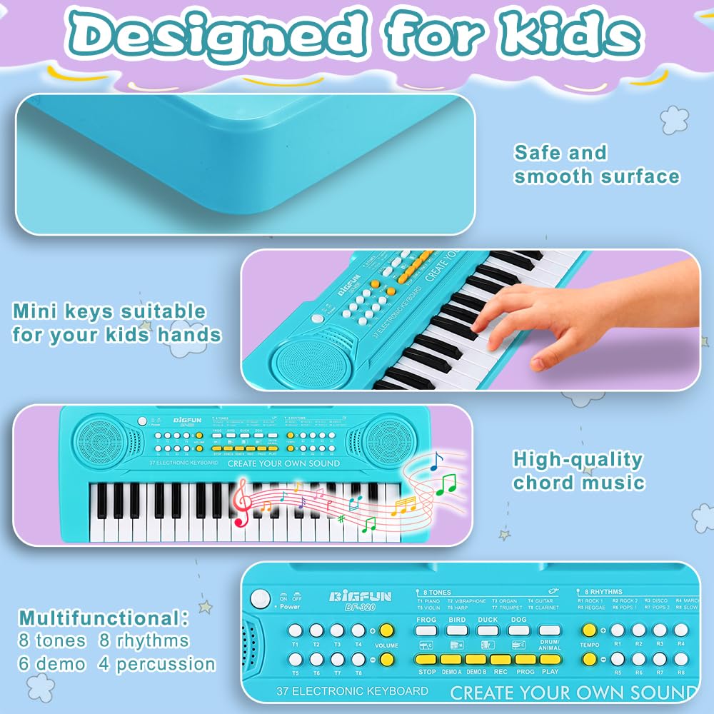 BIGFUN 37-Key Kids Keyboard Piano – Multifunction Toddler Toy for 3-7 Year Olds (Blue)