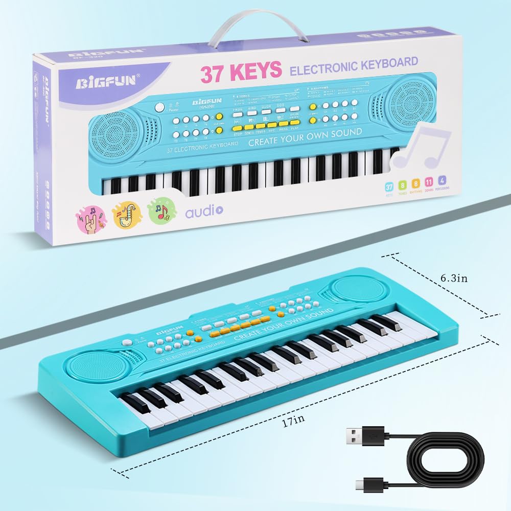 BIGFUN 37-Key Kids Keyboard Piano – Multifunction Toddler Toy for 3-7 Year Olds (Blue)
