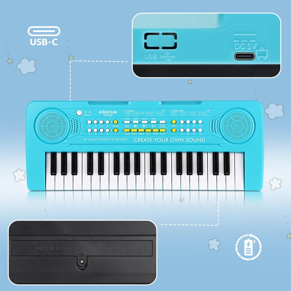 BIGFUN 37-Key Kids Keyboard Piano – Multifunction Toddler Toy for 3-7 Year Olds (Blue)