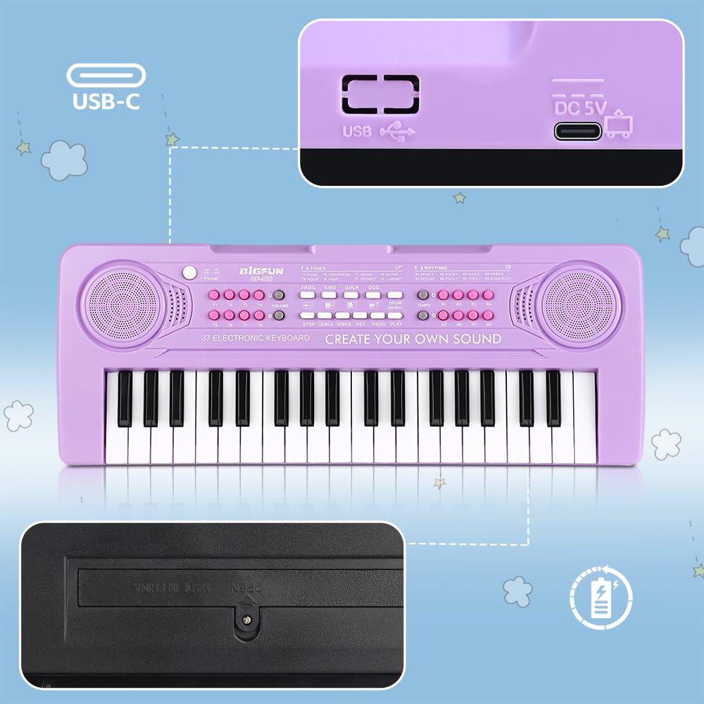 BIGFUN 37-Key Keyboard Piano for Kids | Purple Toddler Music Toy 3-7