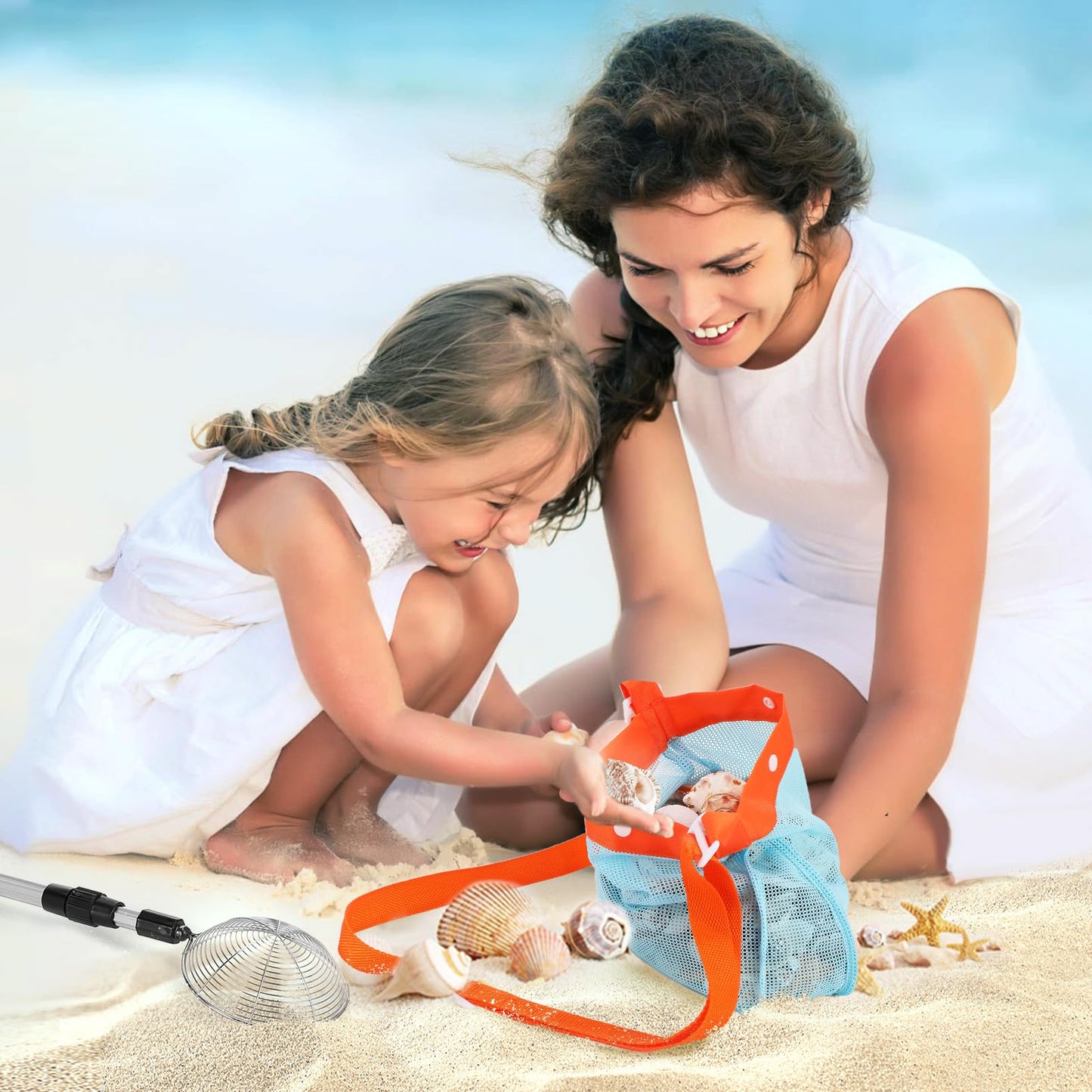 Biggun 2-Pack Sand Sifter with Seashell Bags – Adjustable 21.6–33 in Beach Treasure Scoops