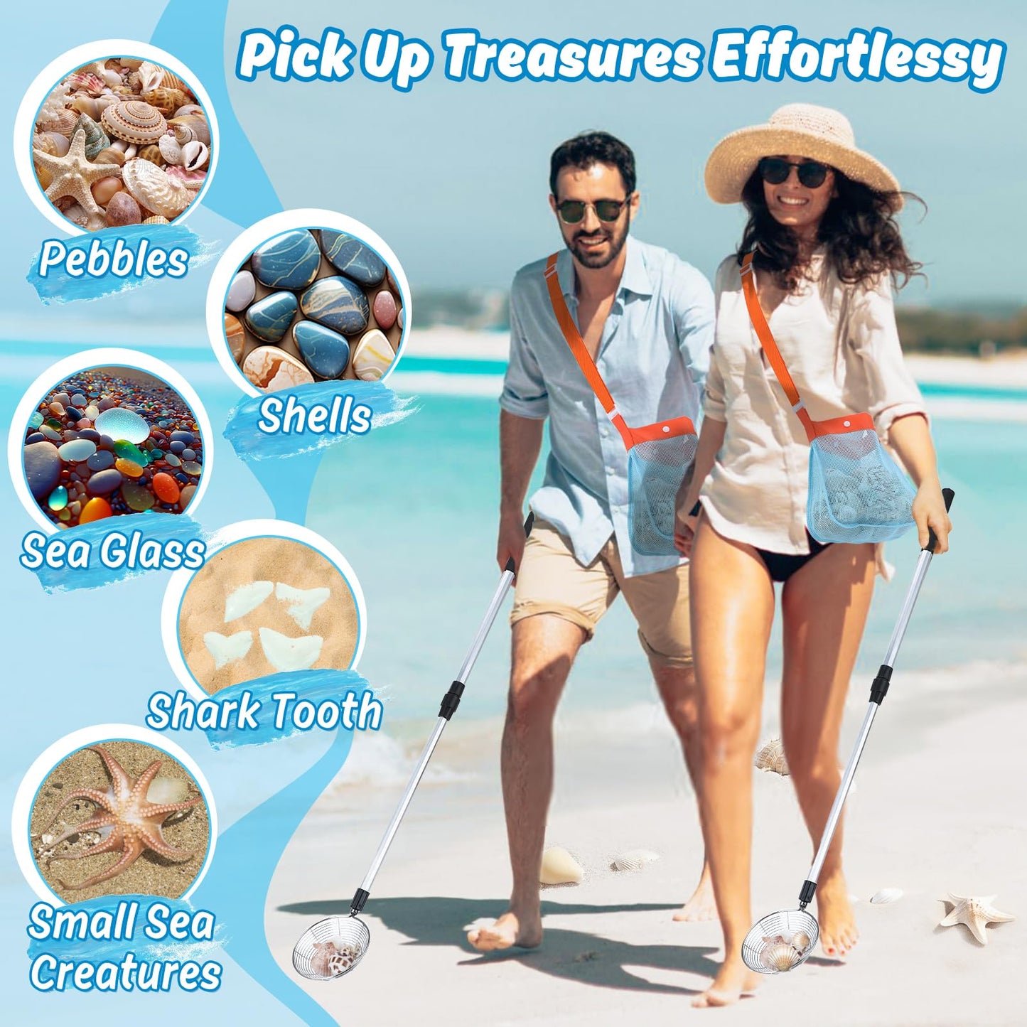 Biggun 2-Pack Sand Sifter with Seashell Bags – Adjustable 21.6–33 in Beach Treasure Scoops