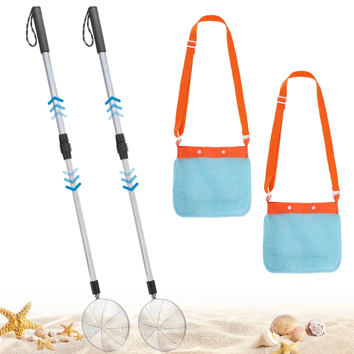 Biggun 2-Pack Sand Sifter with Seashell Bags – Adjustable 21.6–33 in Beach Treasure Scoops