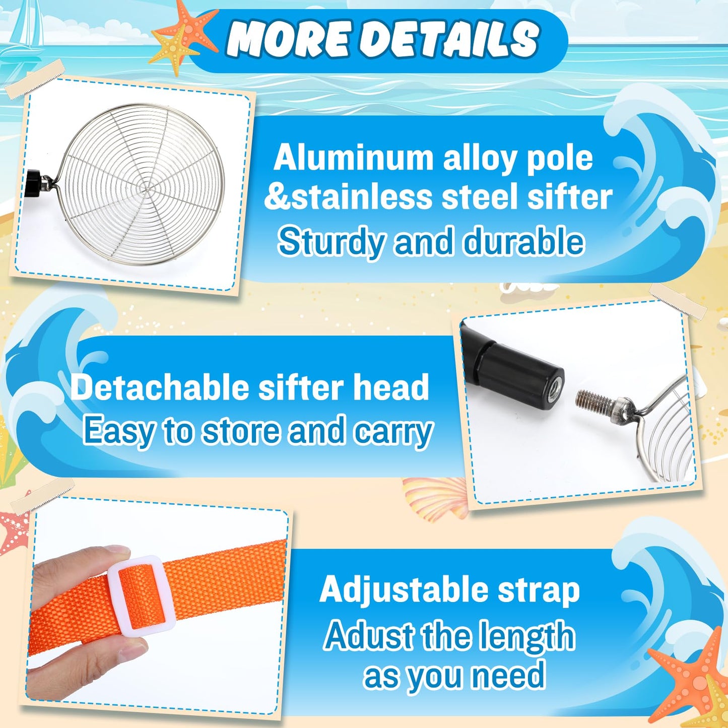 Biggun 2-Pack Sand Sifter with Seashell Bags – Adjustable 21.6–33 in Beach Treasure Scoops