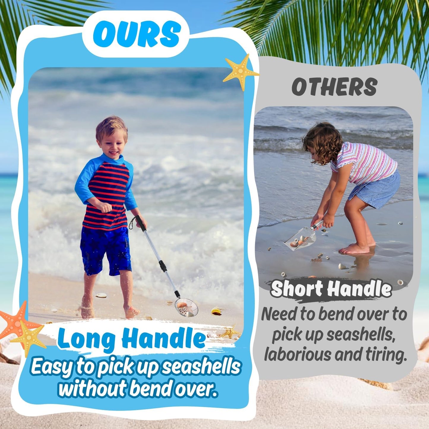 Biggun 2-Pack Sand Sifter with Seashell Bags – Adjustable 21.6–33 in Beach Treasure Scoops