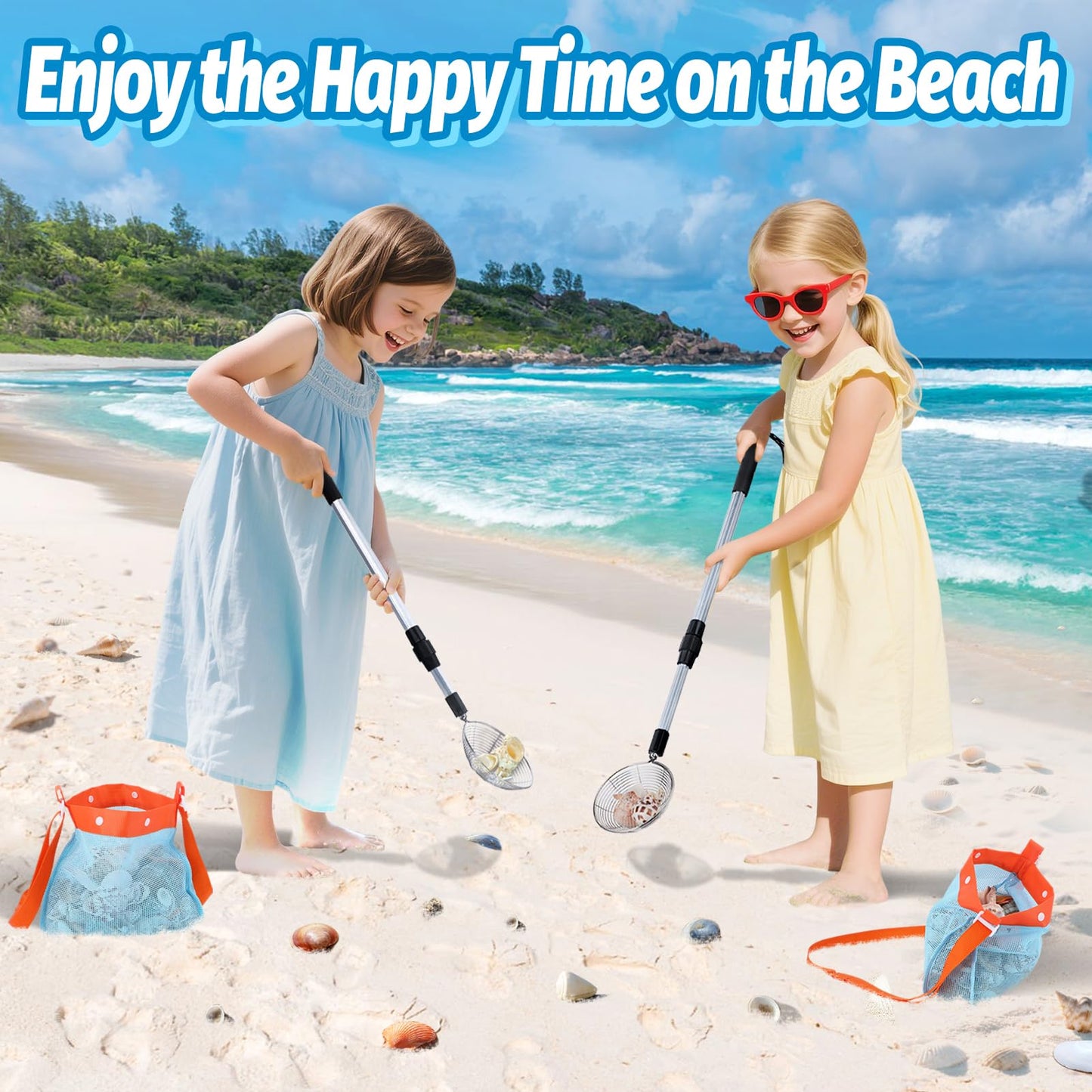 Biggun 2-Pack Sand Sifter with Seashell Bags – Adjustable 21.6–33 in Beach Treasure Scoops