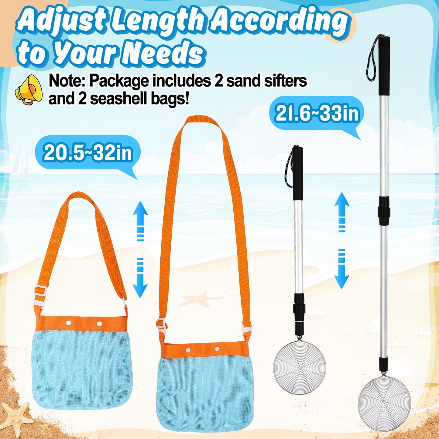 Biggun 2-Pack Sand Sifter with Seashell Bags – Adjustable 21.6–33 in Beach Treasure Scoops