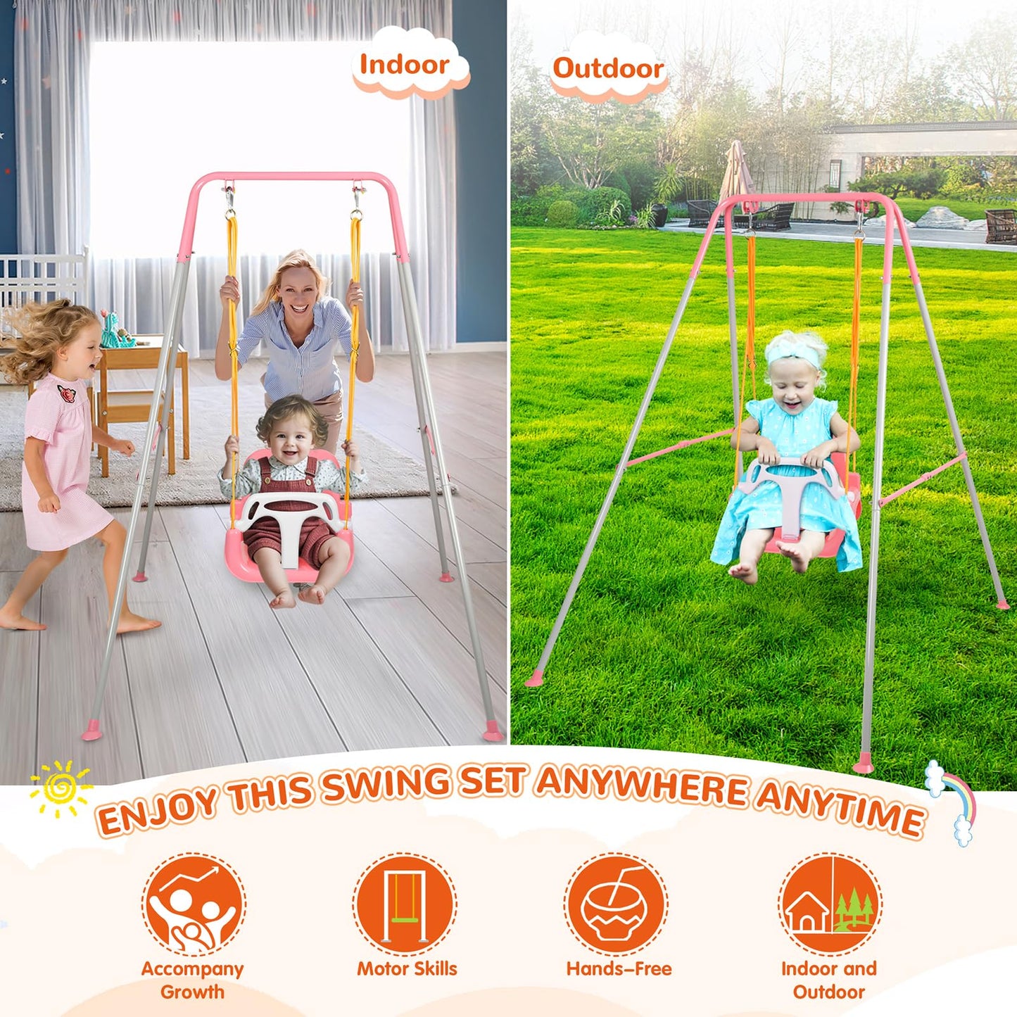 Bighaki808 3-in-1 Toddler Swing Set – Indoor/Outdoor Pink, Foldable Stand