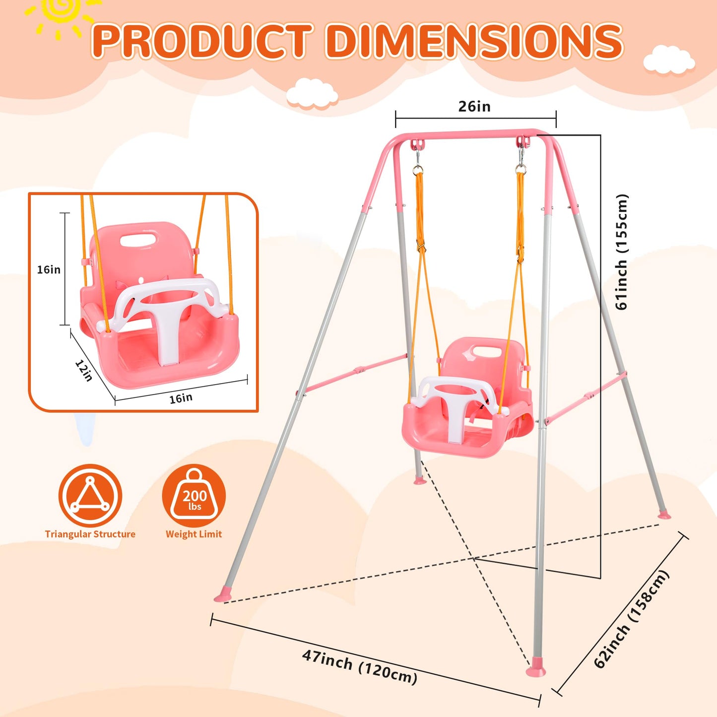 Bighaki808 3-in-1 Toddler Swing Set – Indoor/Outdoor Pink, Foldable Stand