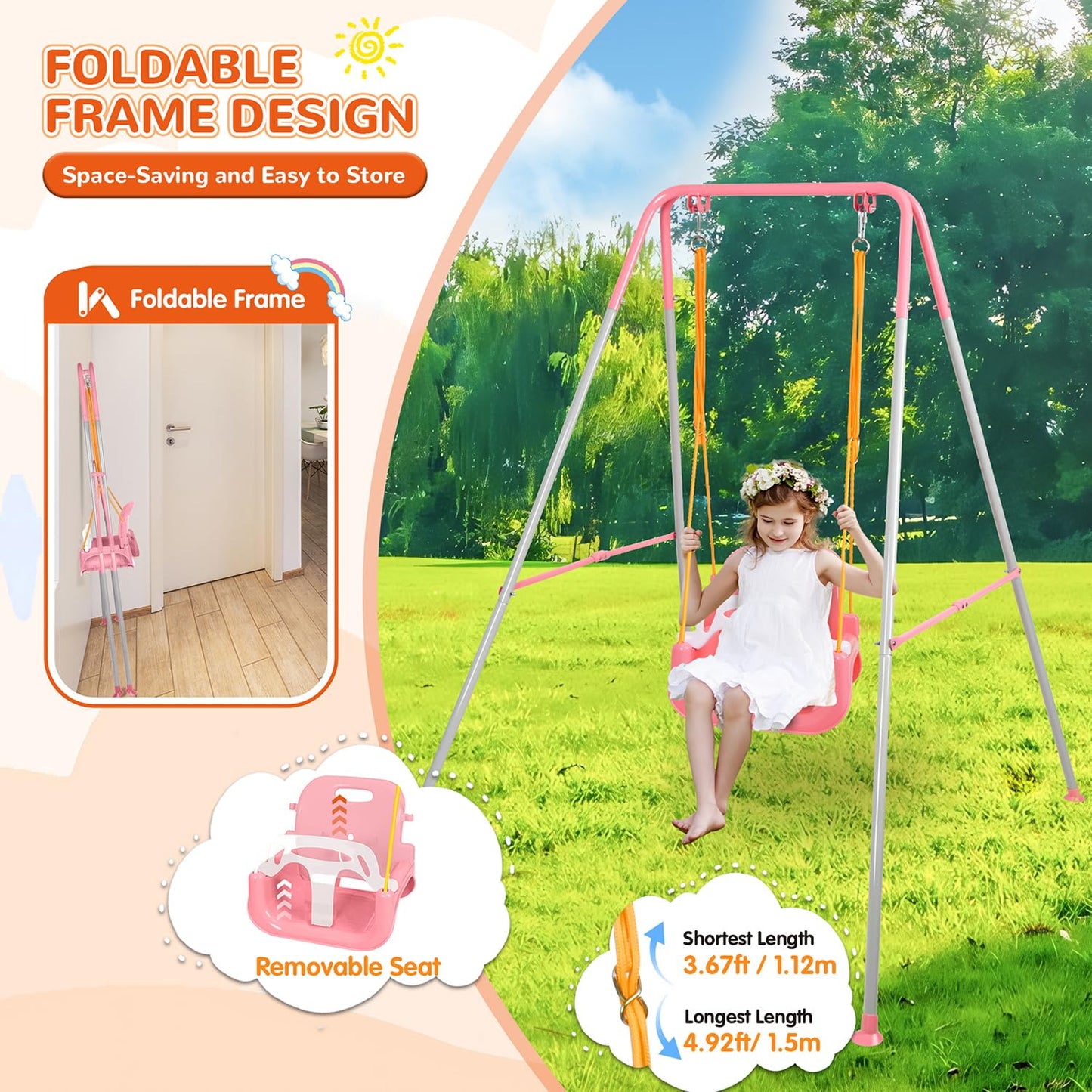 Bighaki808 3-in-1 Toddler Swing Set – Indoor/Outdoor Pink, Foldable Stand