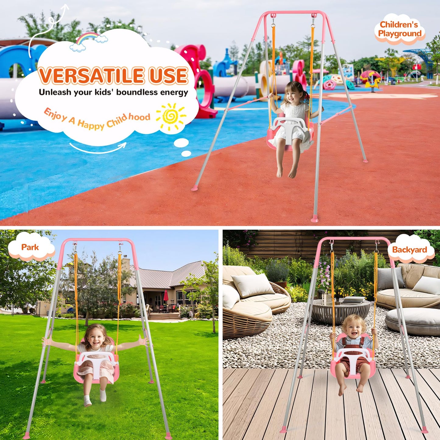 Bighaki808 3-in-1 Toddler Swing Set – Indoor/Outdoor Pink, Foldable Stand