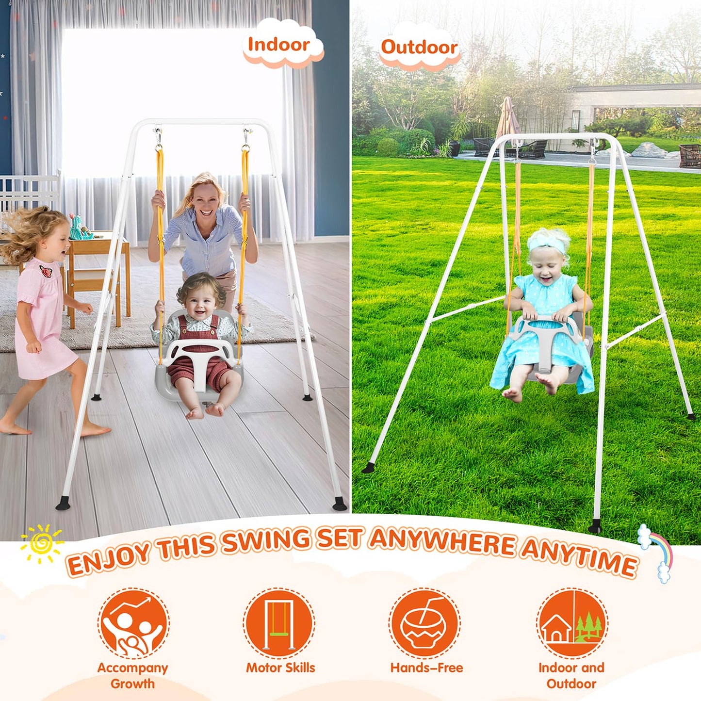 Bighaki808 3-in-1 Toddler Swing Set – Indoor/Outdoor, Foldable Stand, 6 Months–10 Years (White)