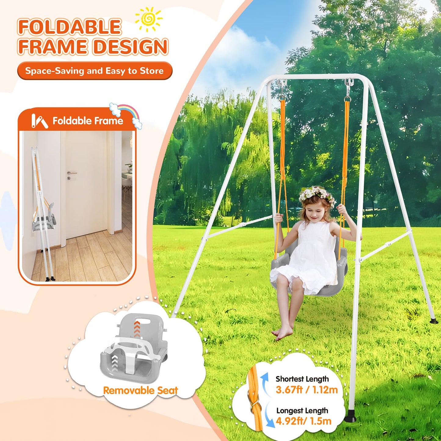 Bighaki808 3-in-1 Toddler Swing Set – Indoor/Outdoor, Foldable Stand, 6 Months–10 Years (White)