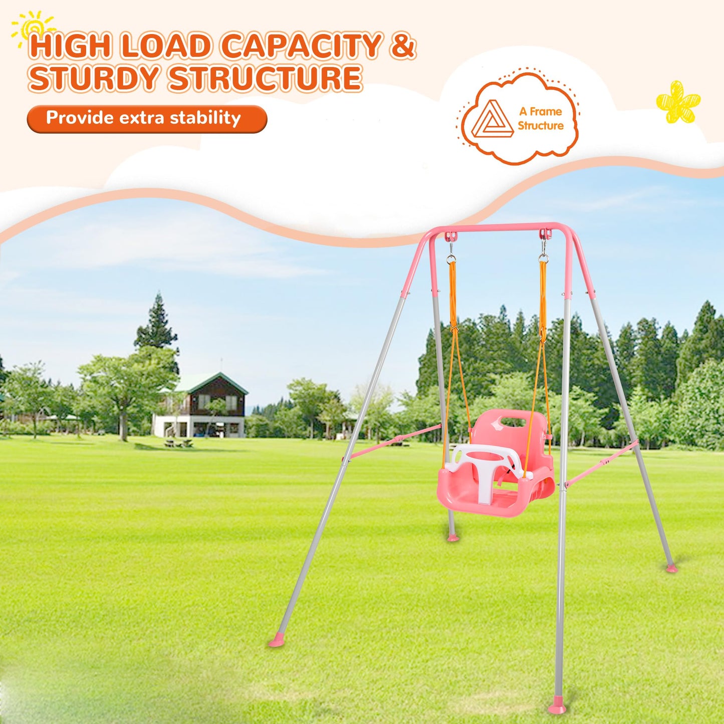 Bighaki808 3-in-1 Toddler Swing Set – Indoor/Outdoor Pink, Foldable Stand