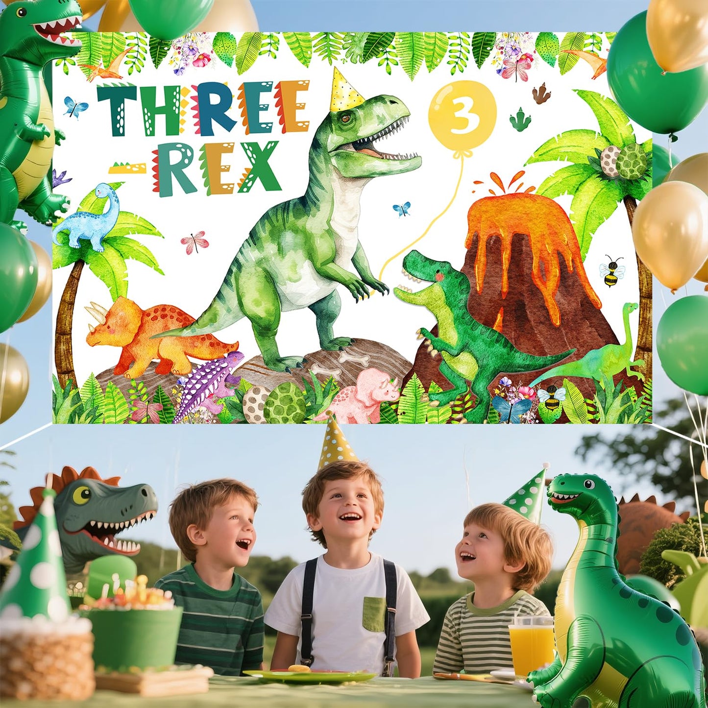 BIGKEOKI Three Rex Birthday Banner Backdrop – Green Dino Party Decorations for 3rd Birthday