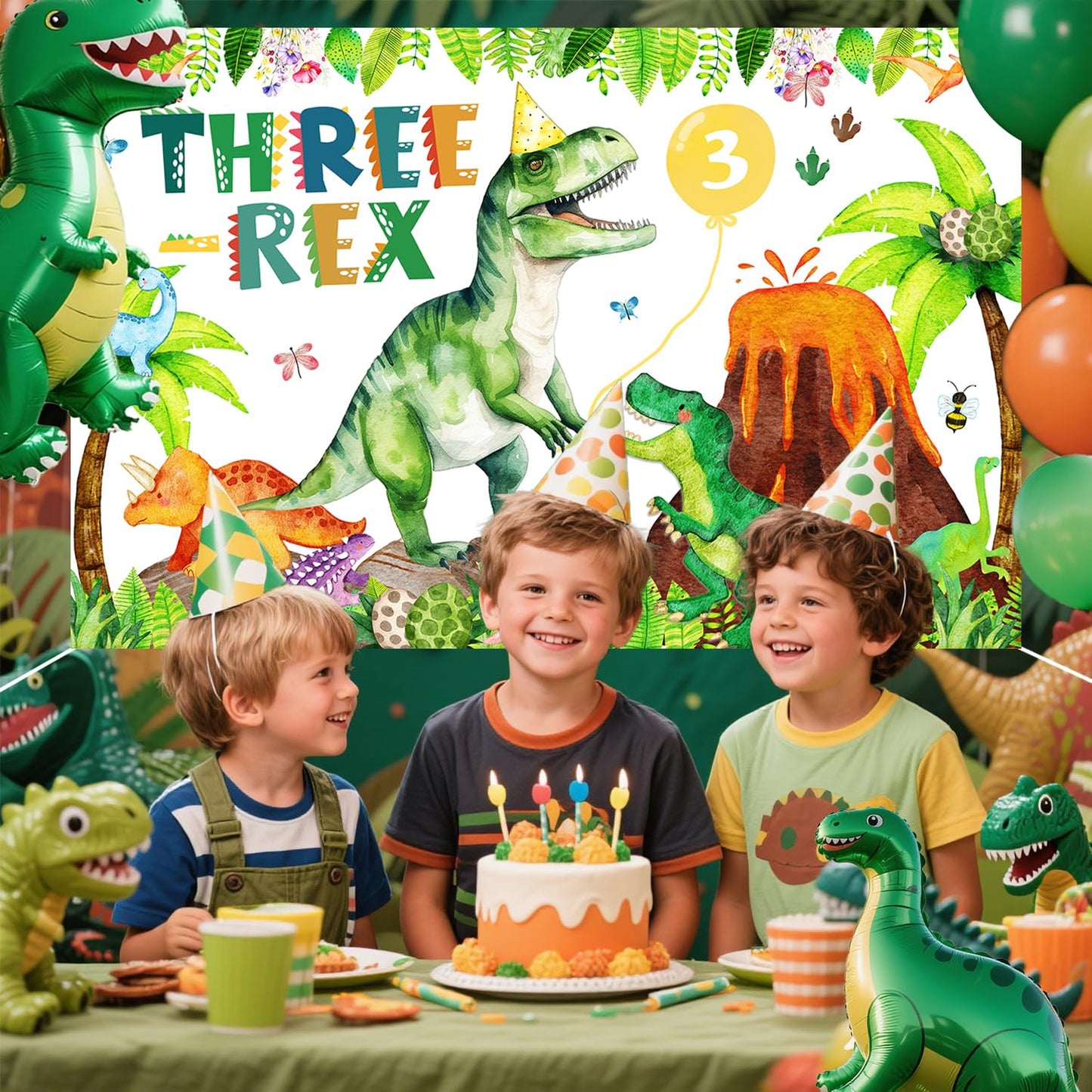 BIGKEOKI Three Rex Birthday Banner Backdrop – Green Dino Party Decorations for 3rd Birthday