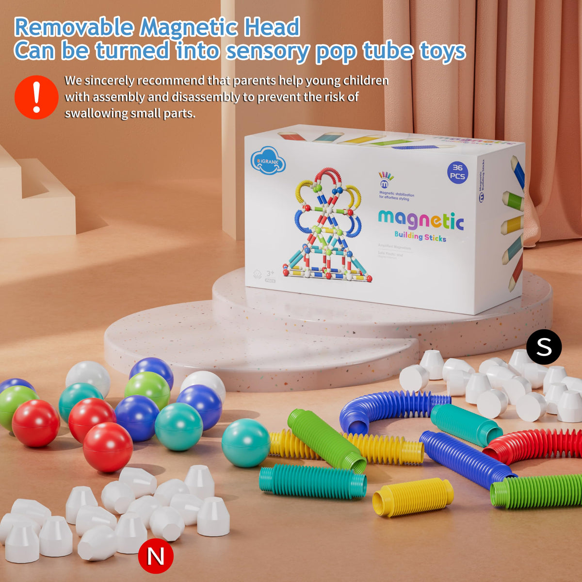 BIGRANK Magnetic Building Blocks – 36 Pcs Pop Tubes & Balls STEM Toy for Kids 3+ | Sensory & Montessori